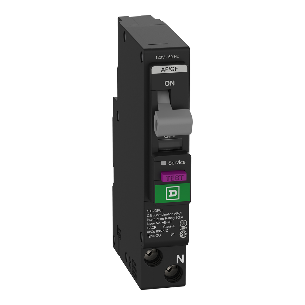 QO115PAFGF – Mini circuit breaker, QO, 15A, 1 pole, 120VAC, 10kA, plug in, combo ARC fault, 6mA grd fault A, plug on neutral