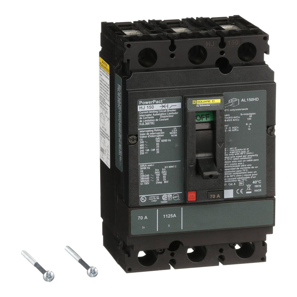 HJL36070C – Circuit breaker, PowerPacT H, 70A, 3 pole, 600VAC, 25kA, lugs, thermal magnetic, 100%