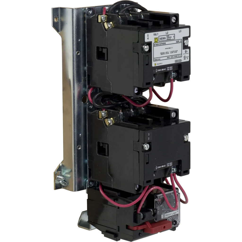 8736SCO7V02H30S – NEMA starter, Type S, reversing, vertical, Size 1, 27A, 10HP at 575VAC, up to 100kA SCCR, 3 phase, 3 pole, Motor Logic SSOLR, 120VAC coil, open