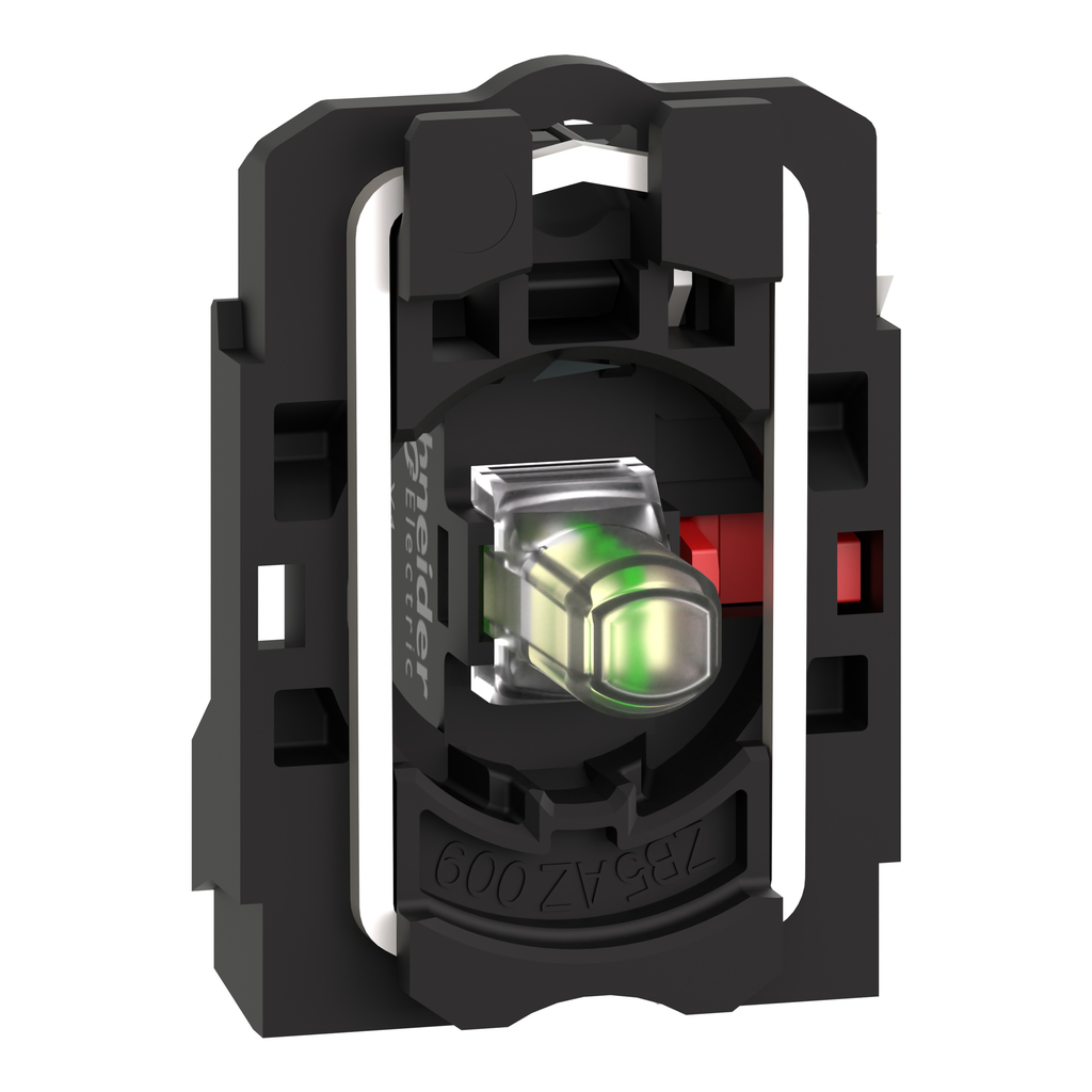 ZB5AW0B12 – Complete body contact assembly and light block, Harmony XB5, XB4, with body fixing collar, universal LED, 24V 1NC