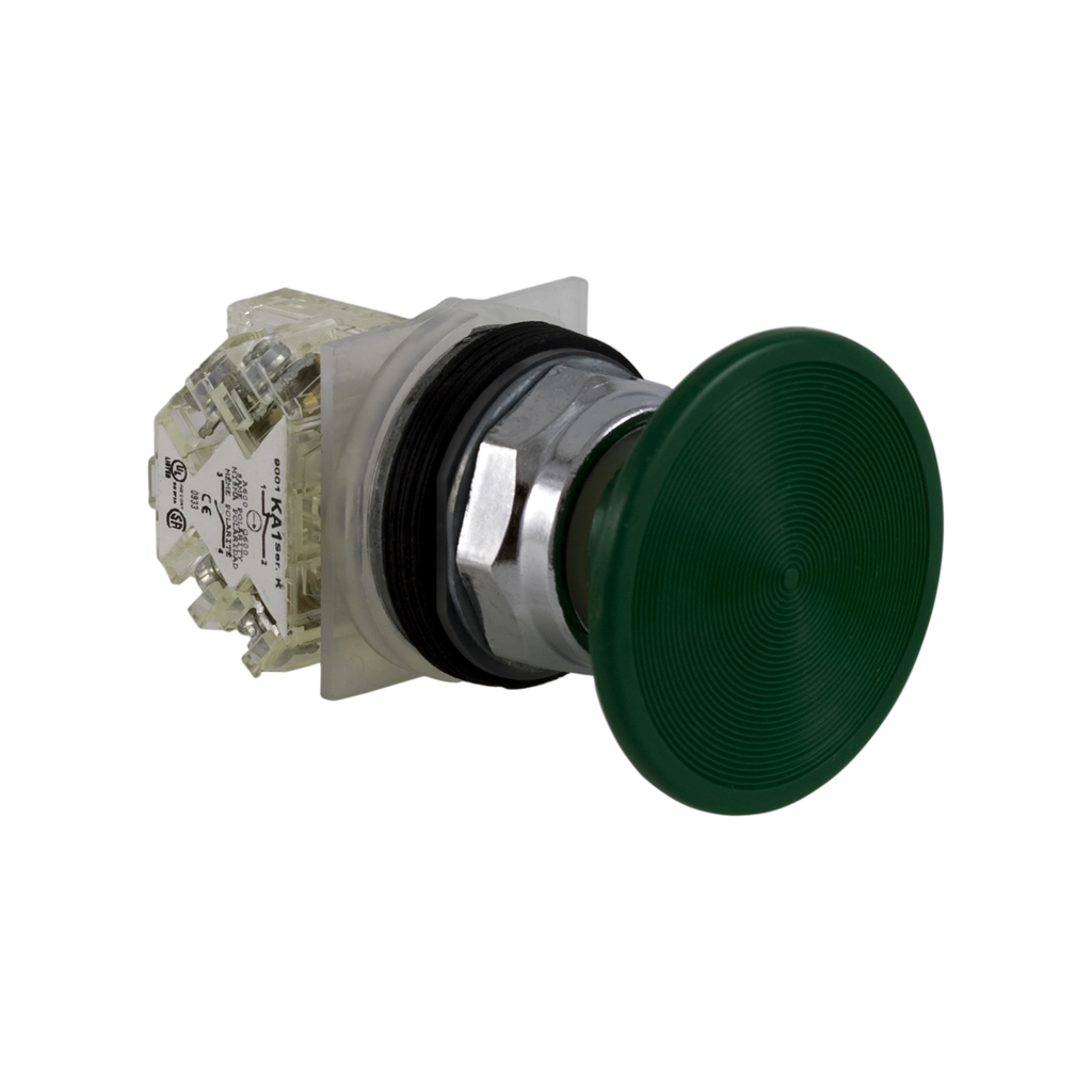 9001KR25GH13 – Push-button, Harmony 9001K, metal, mushroom 57mm, green, 30mm, spring return, 1 C/O
