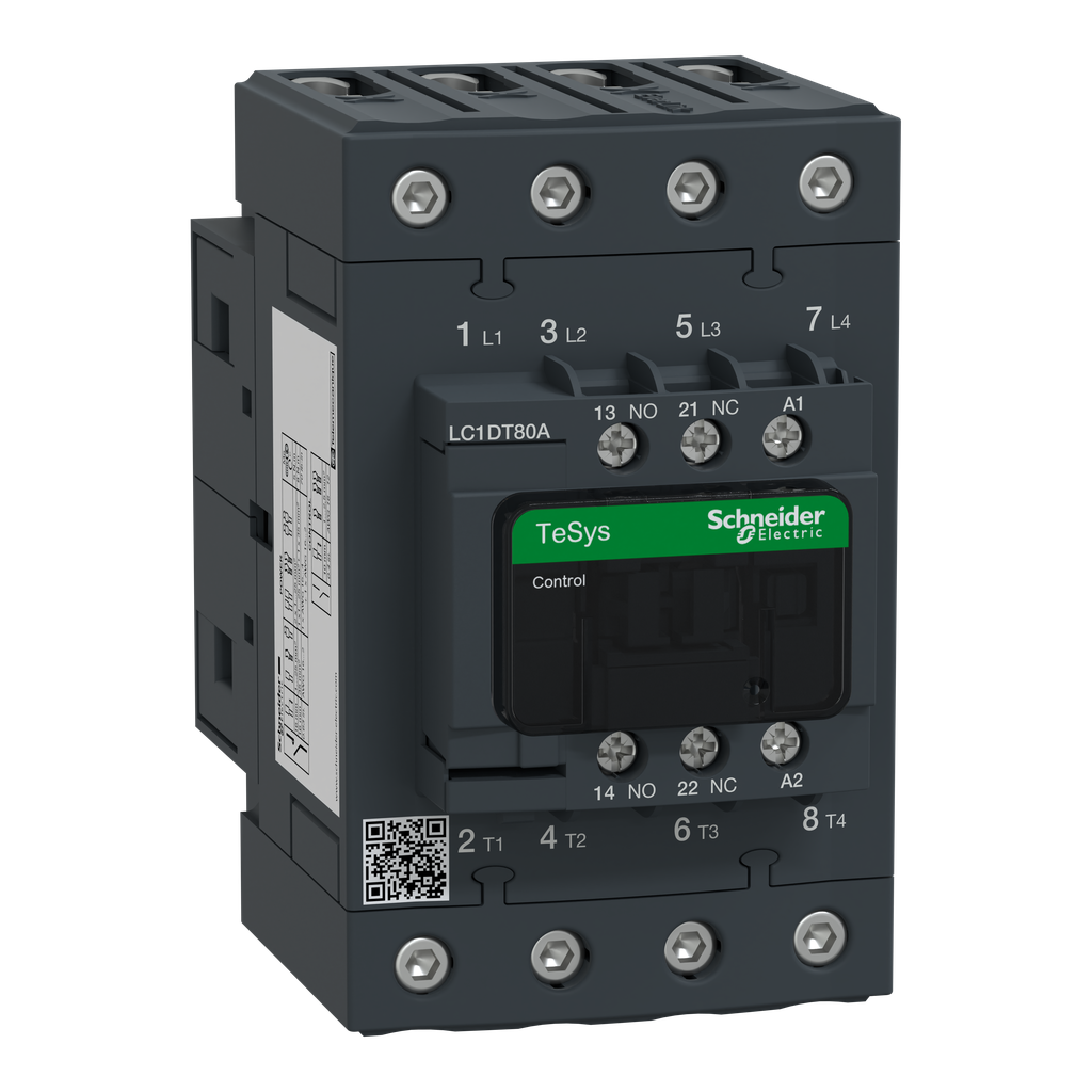 LC1DT80AQ7 – IEC contactor, TeSys Deca, nonreversing, 80A resistive, 4 pole, 4 NO, 380VAC 50/60Hz coil, open style