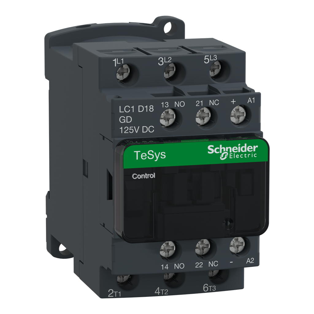 LC1D18GD – IEC contactor, TeSys Deca, nonreversing, 18A, 10HP at 480VAC, up to 100kA SCCR, 3 phase, 3 NO, 125VDC coil, open