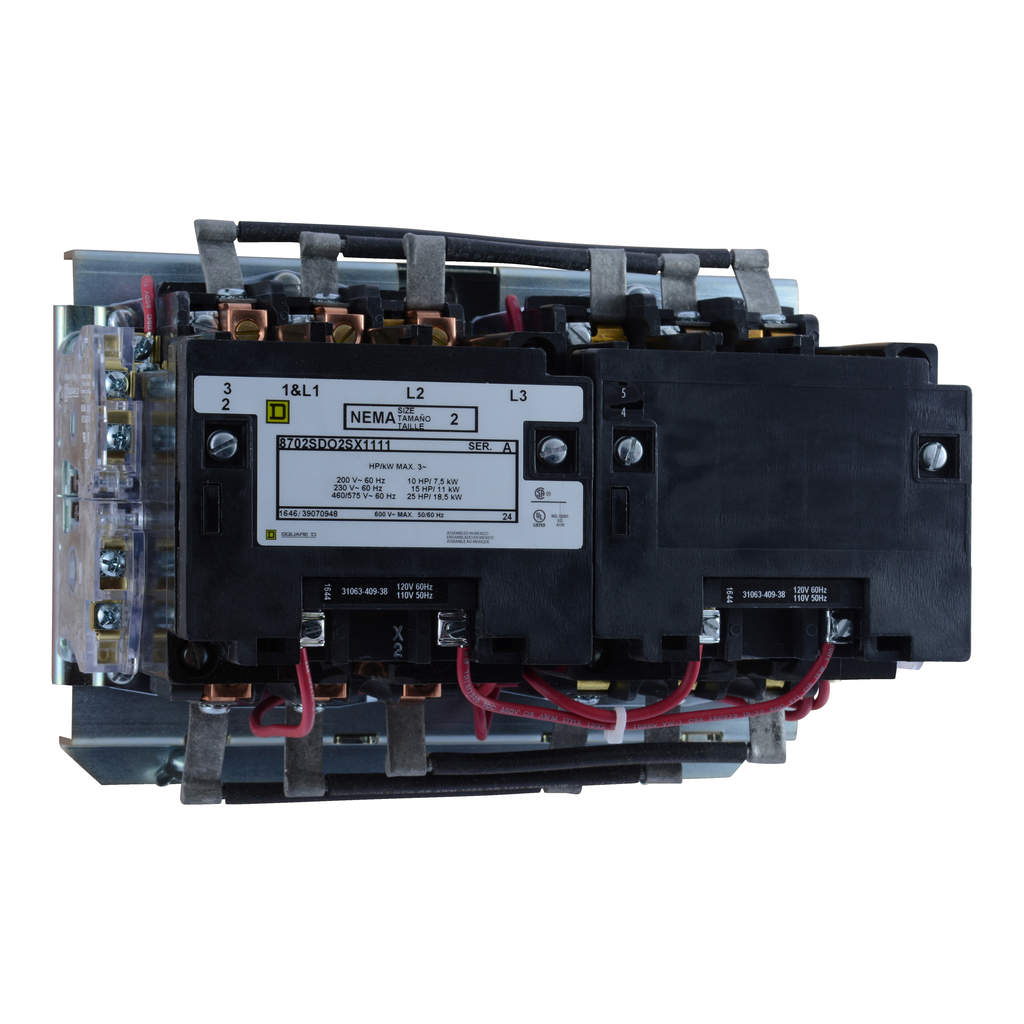 8702SDO2V02S – NEMA Contactor, Type S, reversing, horizontal, Size 2, 45A, 25HP at 575VAC, 3 phase, up to 100kA, 3 pole, 120VAC coil, open style