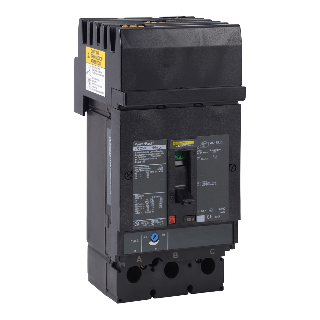 JRA36250 – Circuit breaker, PowerPacT J, 250A, 3 pole, 600VAC, 100kA, I-Line, thermal magnetic, 80%, ABC