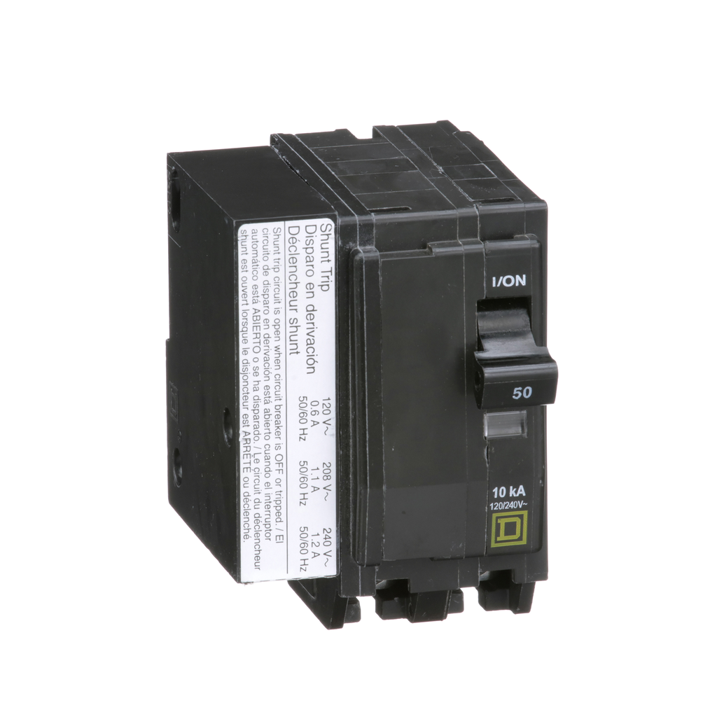 QO2501021 – Mini circuit breaker, QO, 50A, 2 pole, 120/240VAC, 10kA, plug in, AC shunt