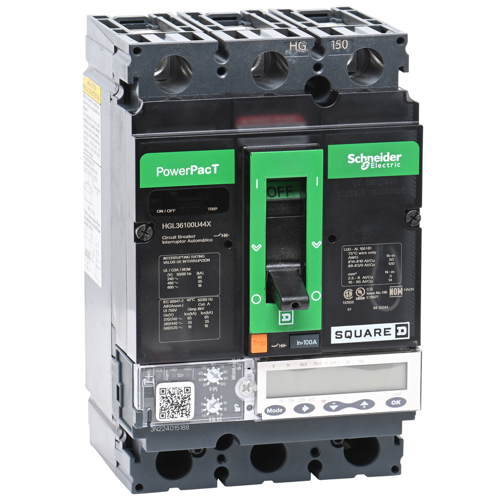 HGL36100U44X – Circuit breaker, PowerPacT H, 100A, 3 pole, 600VAC, 18kA, lugs, Micrologic 6.2A, 80%