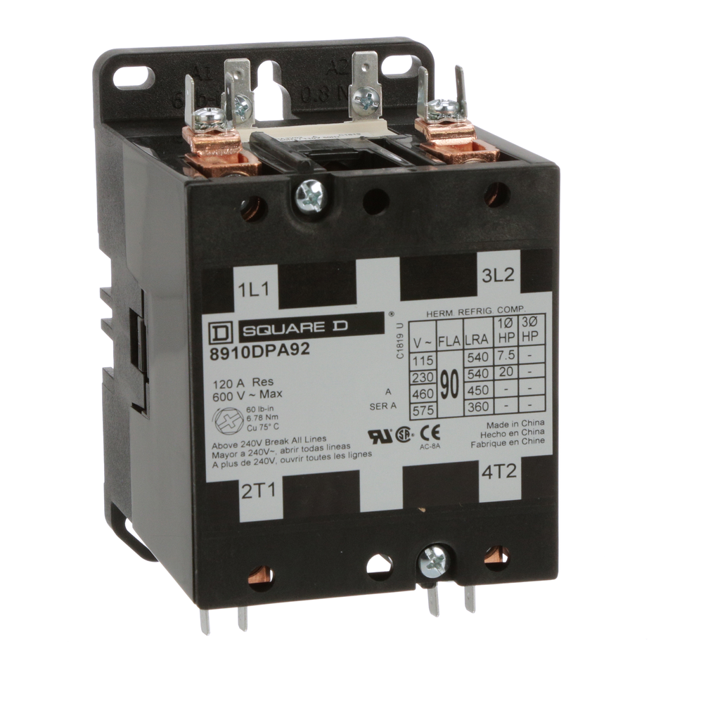 8910DPA92V02 – Contactor, Definite Purpose, 90A, 2 pole, 20HP at 230VAC, 1 phase, 110/120VAC 50/60Hz coil, open