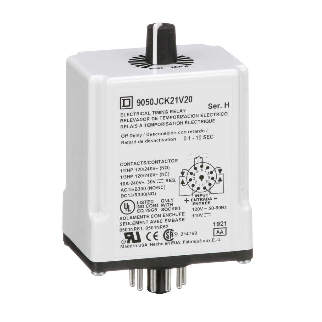 9050JCK21V20 – Timing Relay, Type JCK, plug In, off delay, adjustable time, 0.1 to 10 seconds, 10A, 240 VAC, 120 VAC/110 VDC