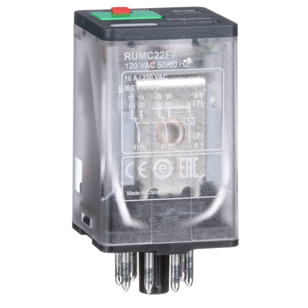 RUMC22F7 – Harmony RUM, universal plugin relay, 2 C/O, octal base, 10 A, 120 VAC, with LED