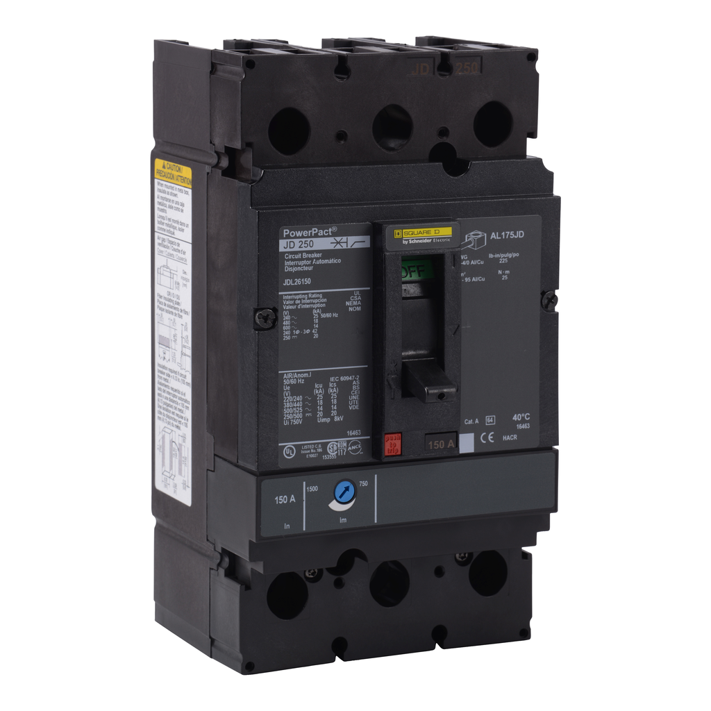 JDL26200C – Circuit breaker, PowerPacT J, 200A, 2 pole, 600VAC, 14kA, lugs, thermal magnetic, 100%