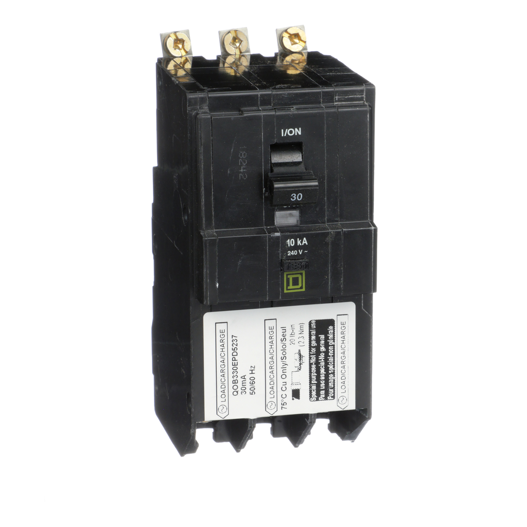 QOB330EPD5237 – Mini circuit breaker, QO, 30A, 3 pole, 240VAC, 10kA, bolt on, 30mA grd fault B, ring