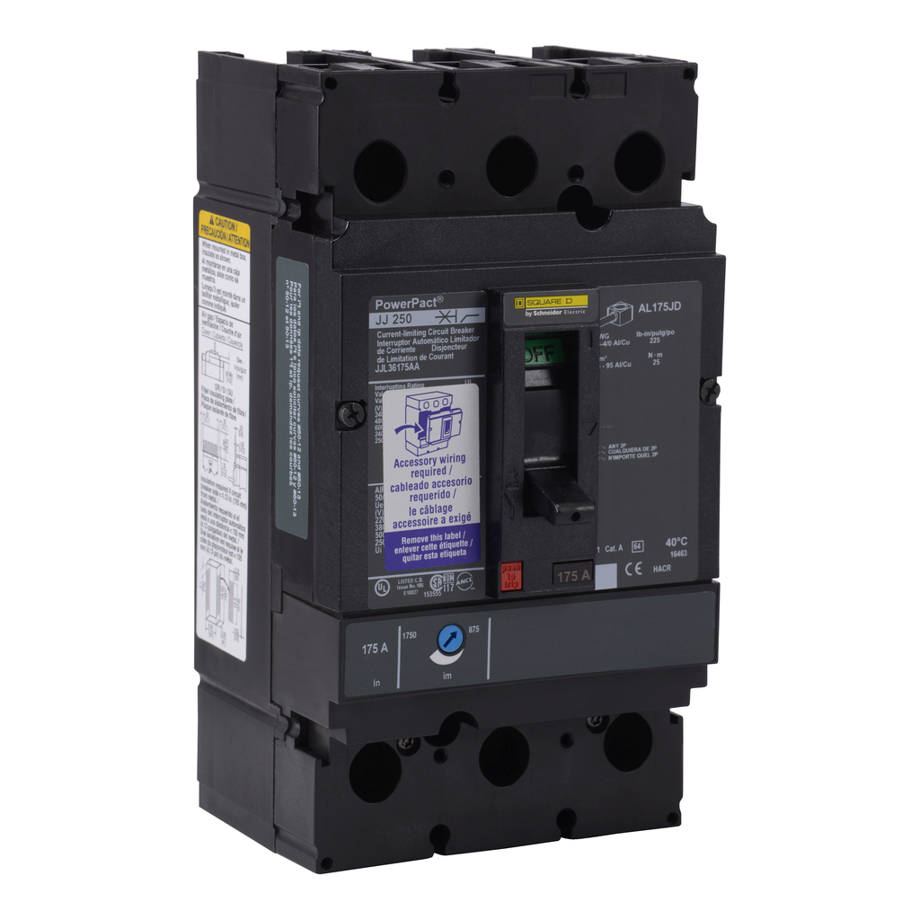 JJL36175AA – Circuit breaker, PowerPacT J, 175A, 3 pole, 600VAC, 25kA, lugs, thermal magnetic, 80%, aux