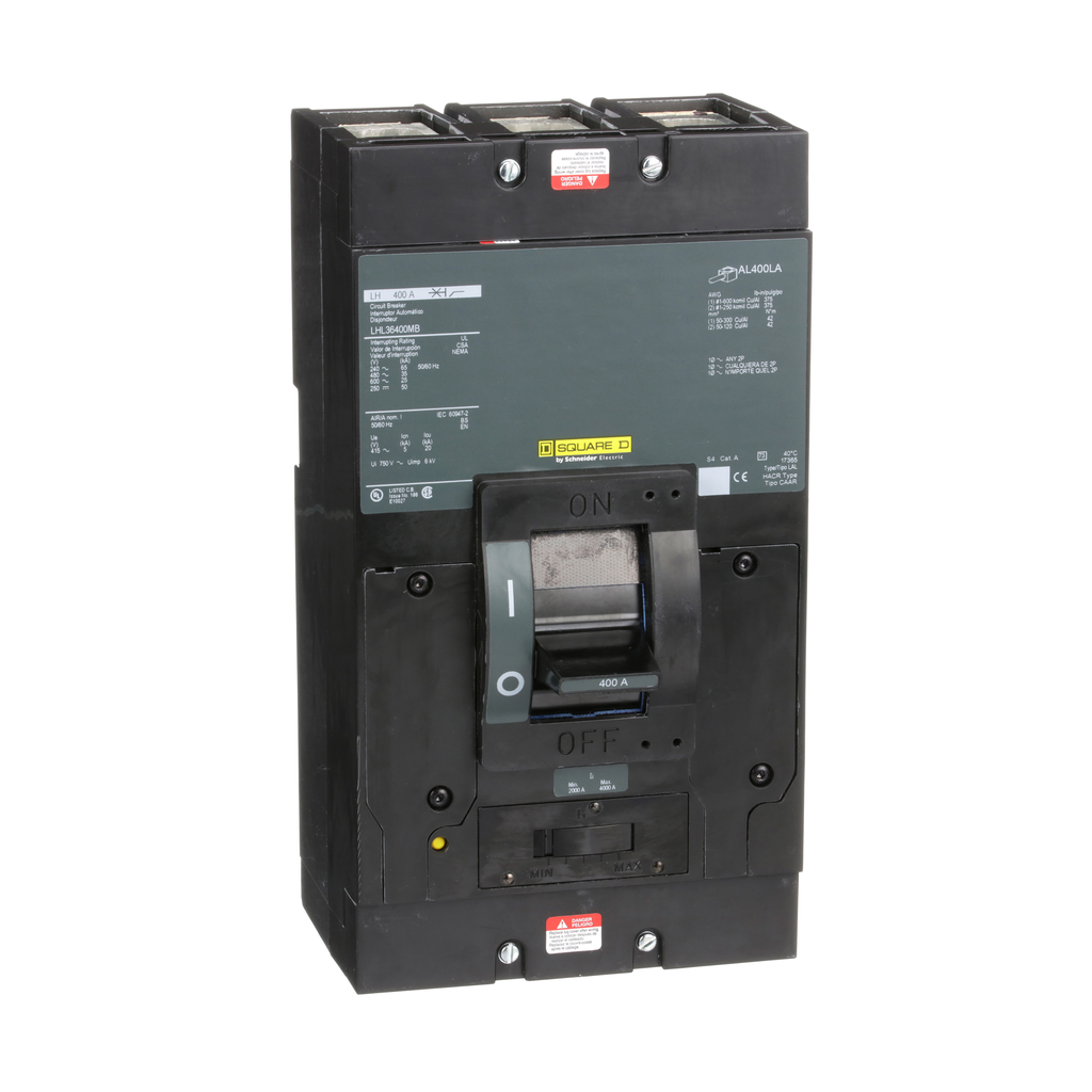 LHL36400MB – Circuit breaker, LH, 400A, 3 pole, 600VAC, 25kA, 250VDC, 50kA, lugs, thermal magnetic, short handle