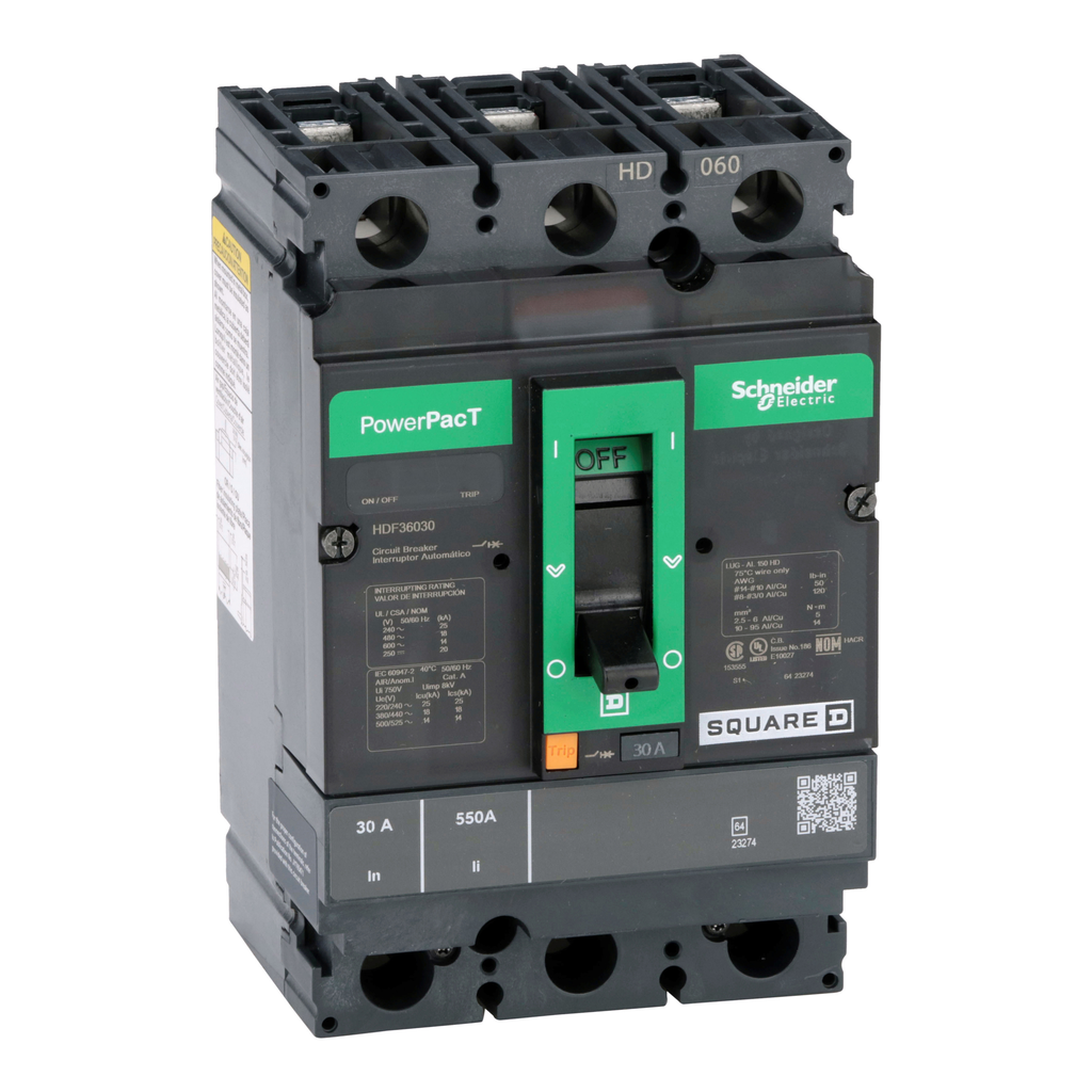 HDF36030 – Circuit breaker, PowerPacT H, 30A, 3 pole, 600VAC, 14kA, busbar, thermal magnetic, 80%
