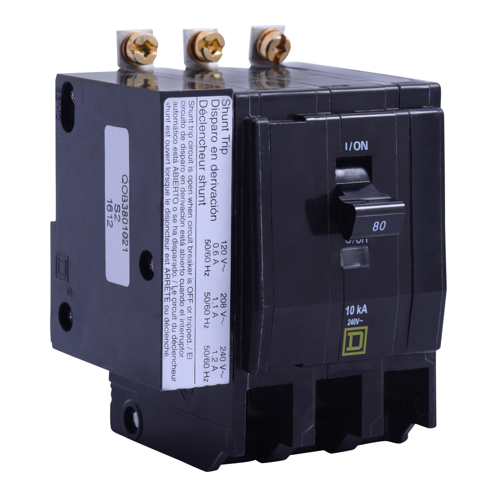 QOB390VH1021 – Mini circuit breaker, QO, 90A, 3 pole, 120/240VAC, 22kA, bolt on, AC shunt