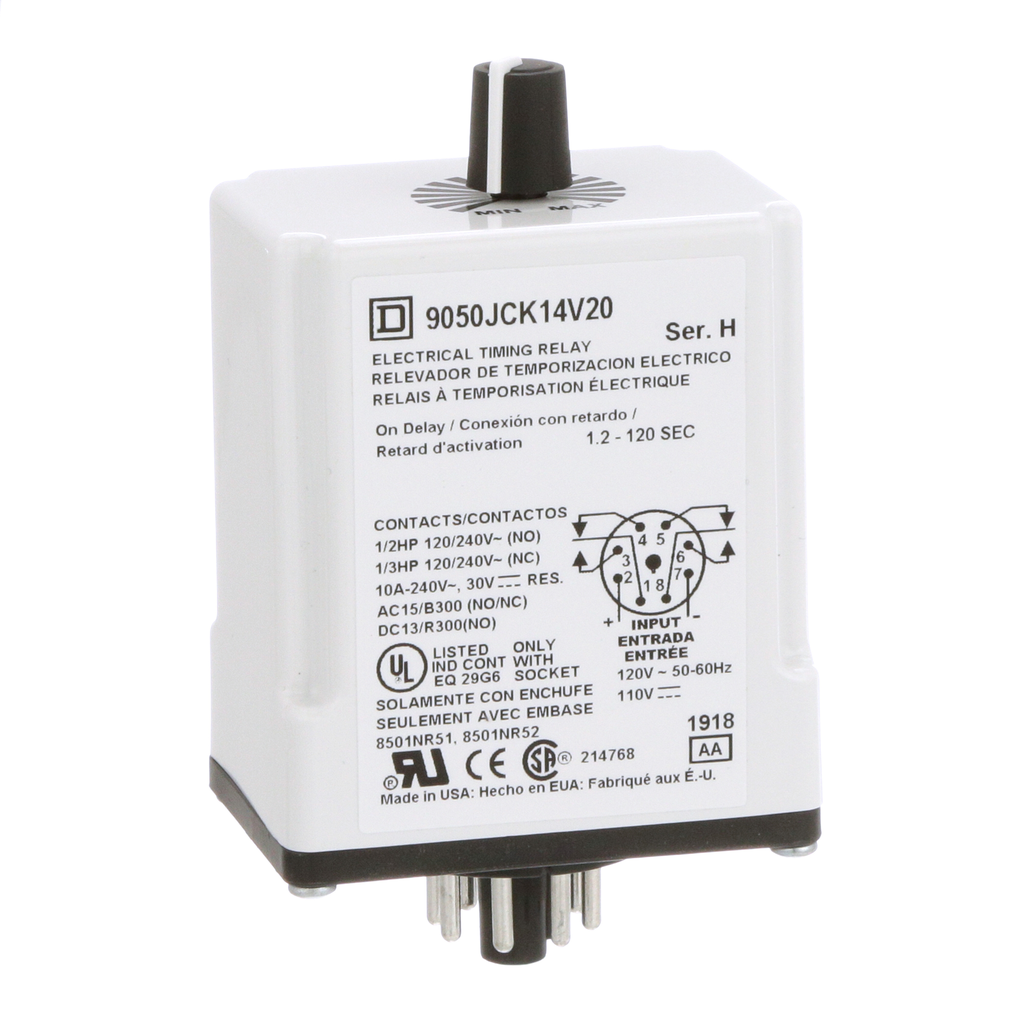 9050JCK14V20 – Timing Relay, Type JCK, plug In, on delay, adjustable time, 1.2 to 120 seconds, 10A, 240 VAC, 120 VAC/110 VDC