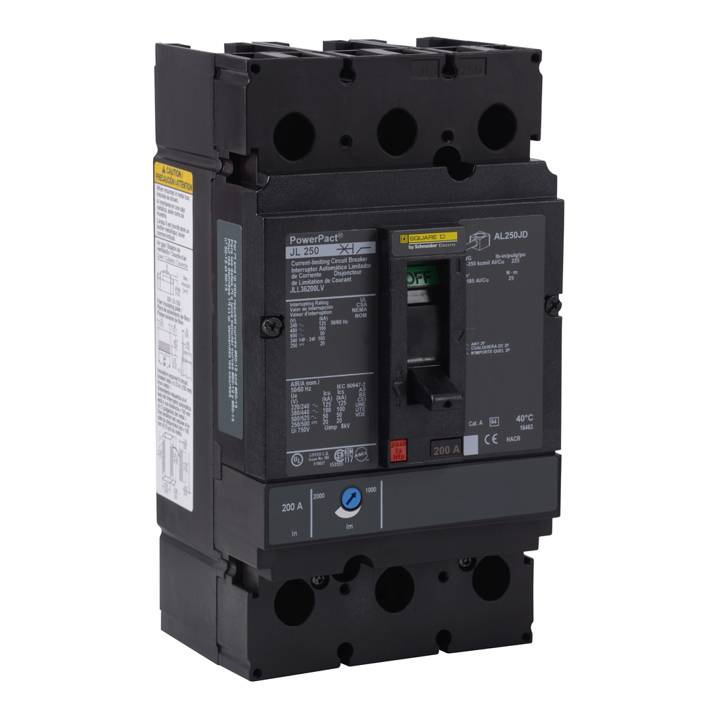 JLL36250LV – Circuit breaker, PowerPacT J, 250A, 3 pole, 600VAC, 50kA, lugs, thermal magnetic, 80%, control wire OFF end