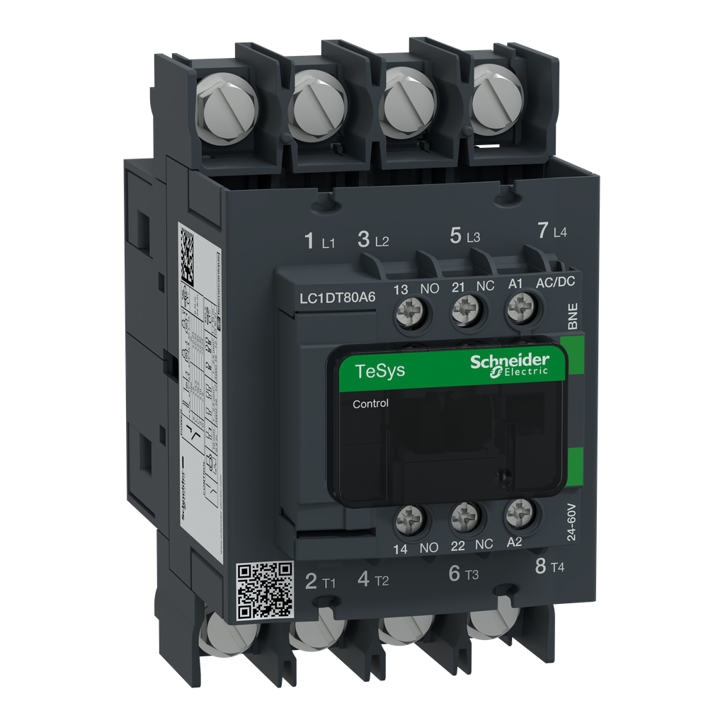 LC1DT80A6BNE – IEC contactor, TeSys Deca Green, nonreversing, 80A resistive, 4 pole, 4 NO, 24/60VAC/VDC coil, open style
