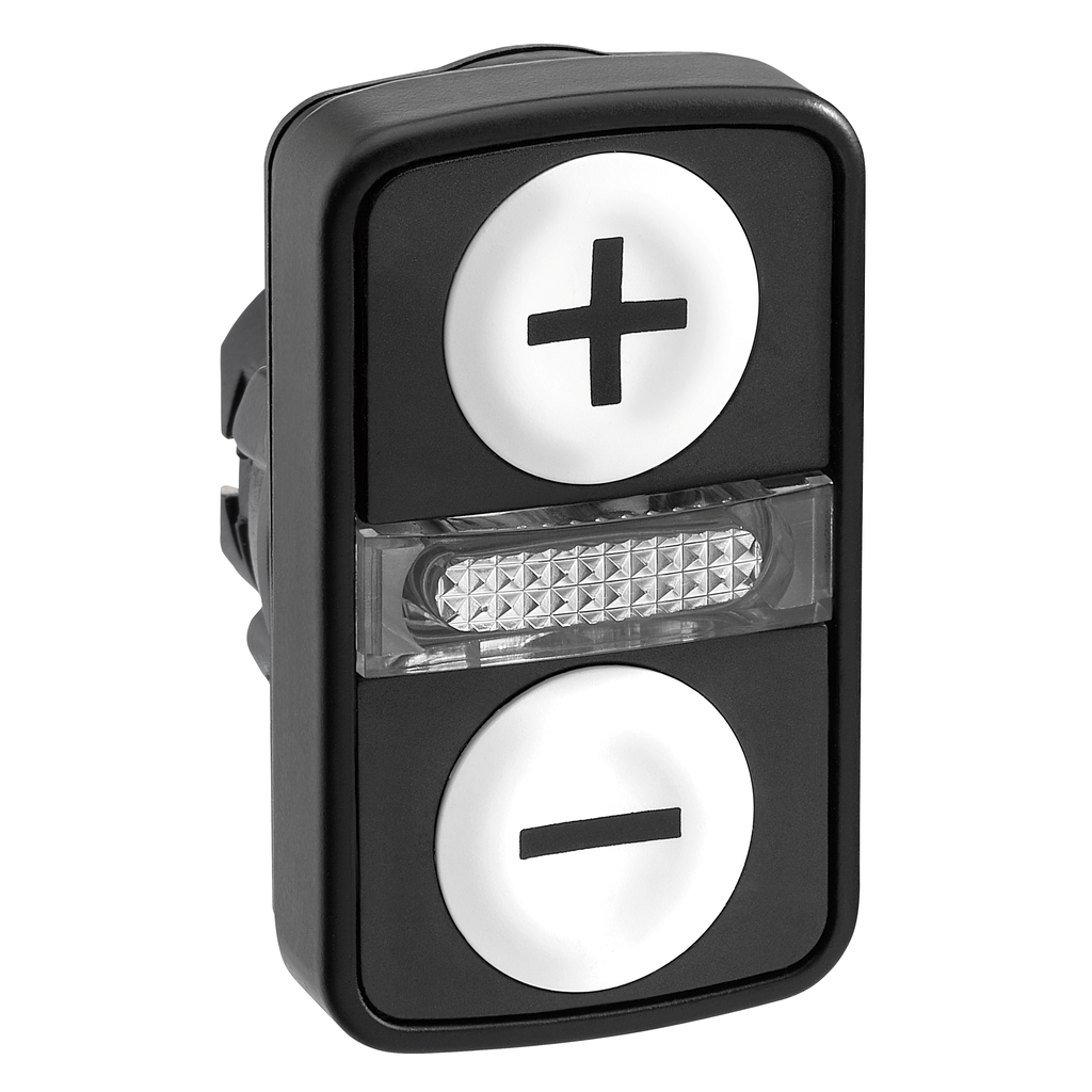 ZB5AW7A1715 – Head for illuminated double headed push button, Harmony XB5, 2 white flush, 22mm, black marked   and –