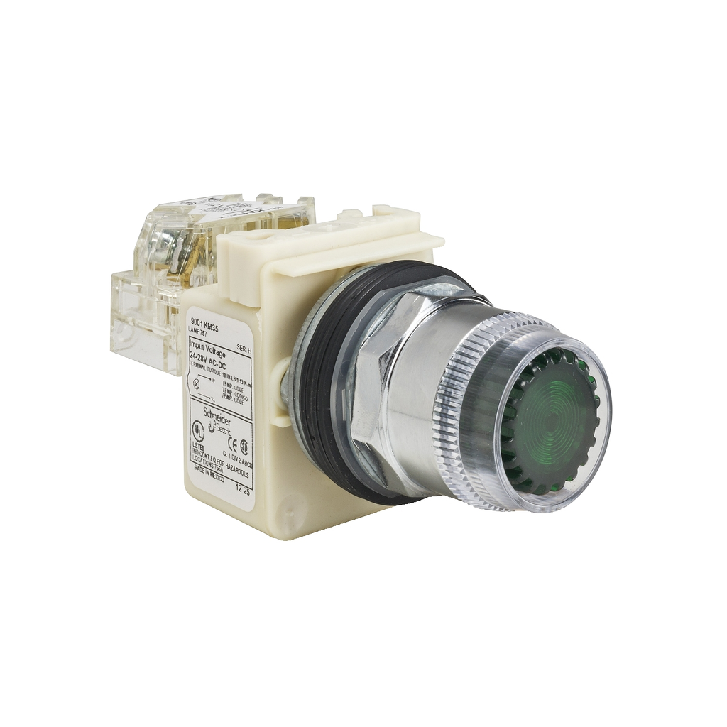Mayer-DDS-Illuminated push-button, Harmony 9001K, metal, plastic guard flush, green, 30mm, spring return, 24-28V, 1 C/O-1