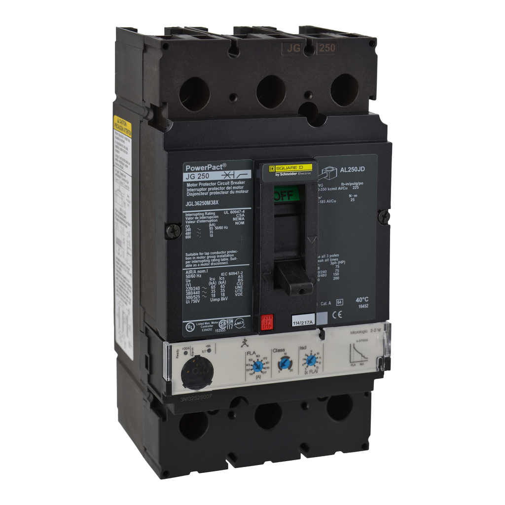 JGL36250M38X – Motor circuit protector, PowerPacT J, 250A, 3 pole, 600VAC, 18kA, lugs, Micrologic 2.2, 80%