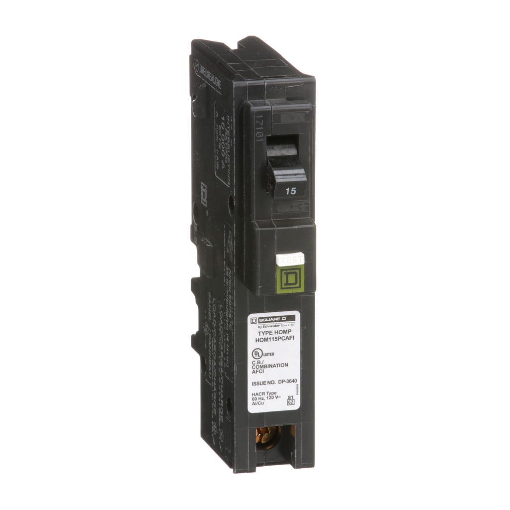HOM115PCAFIC – Mini circuit breaker, Homeline, 15A, 1 pole, 120VAC, 10kA AIR, combo arc fault, plug on neutral, plug in, UL