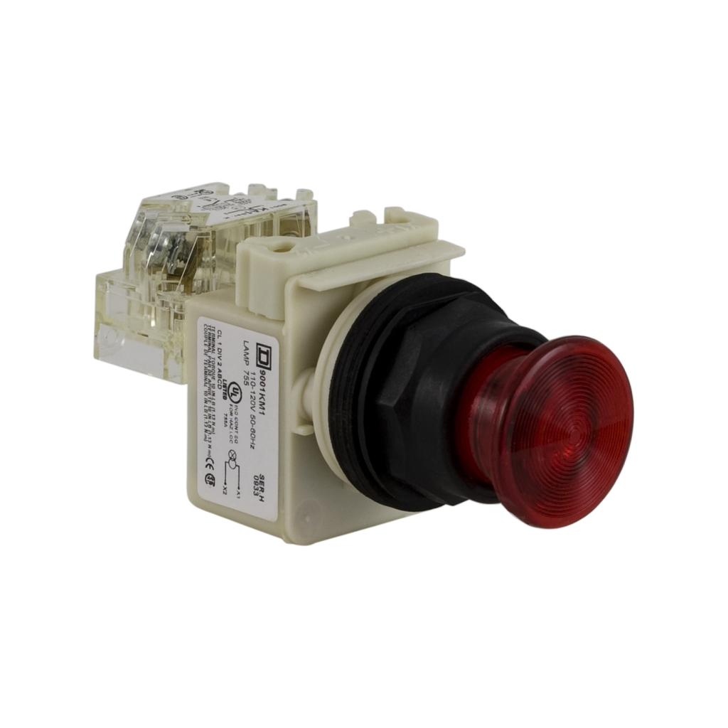 Mayer-DDS-Illuminated push-button, Harmony 9001SK, plastic, mushroom 35mm, red, 30mm, spring return, 110-120V, 1 C/O-1