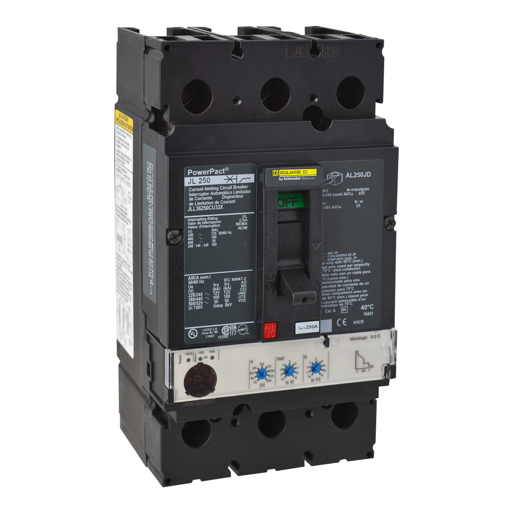 JLL36250U33X – Circuit breaker, PowerPacT J, 250A, 3 pole, 600VAC, 50kA, lugs, Micrologic 3.2S, 80%