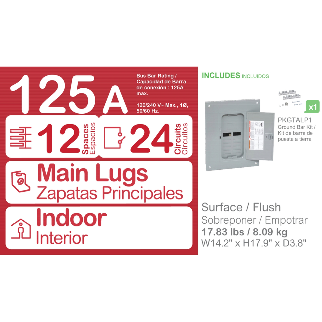 Mayer-DDS-Load center, Homeline, 1 phase, 12 spaces, 24 circuits, 125A convertible main lugs, PoN, NEMA1, gnd bar, combo cover-2