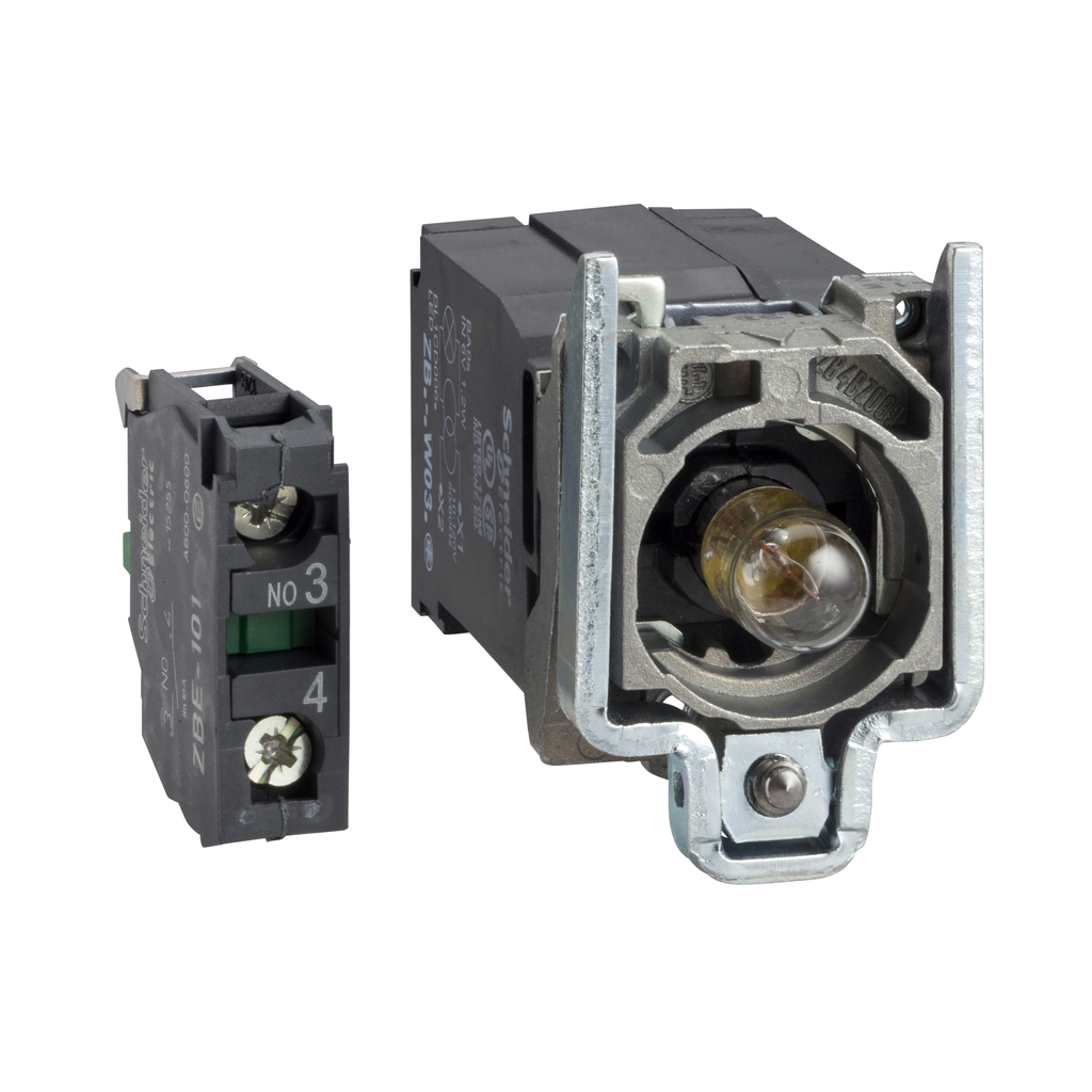 ZB4BW051 – Complete body/contact assembly and light block, Harmony XB4, with body/fixing collar, BA9s incandescent bulb, 400V, 1NO