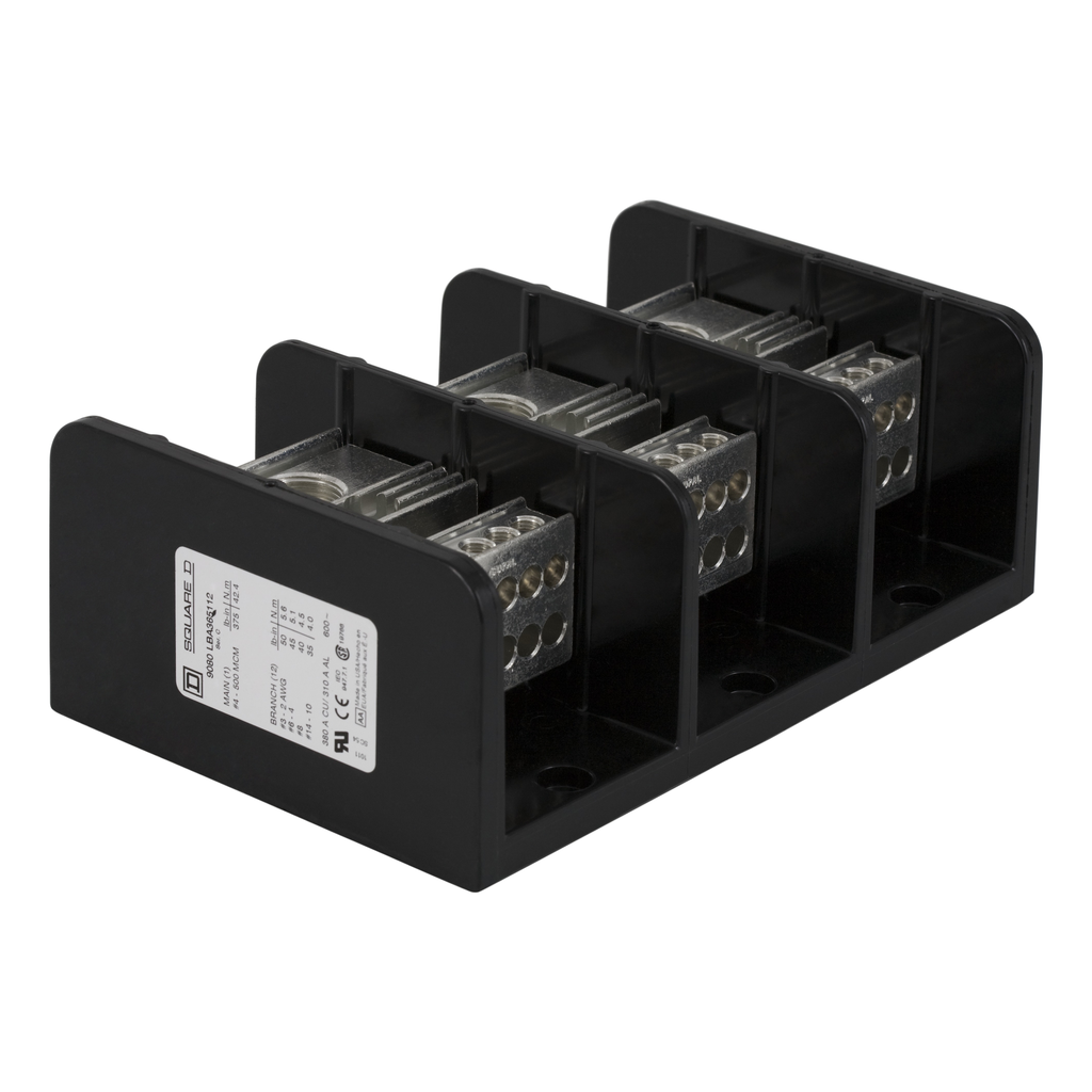 9080LBA365112 – Power distribution block, Linergy, 3 pole, 1 line, 12 load, 380A Cu, 310A Al, 600V