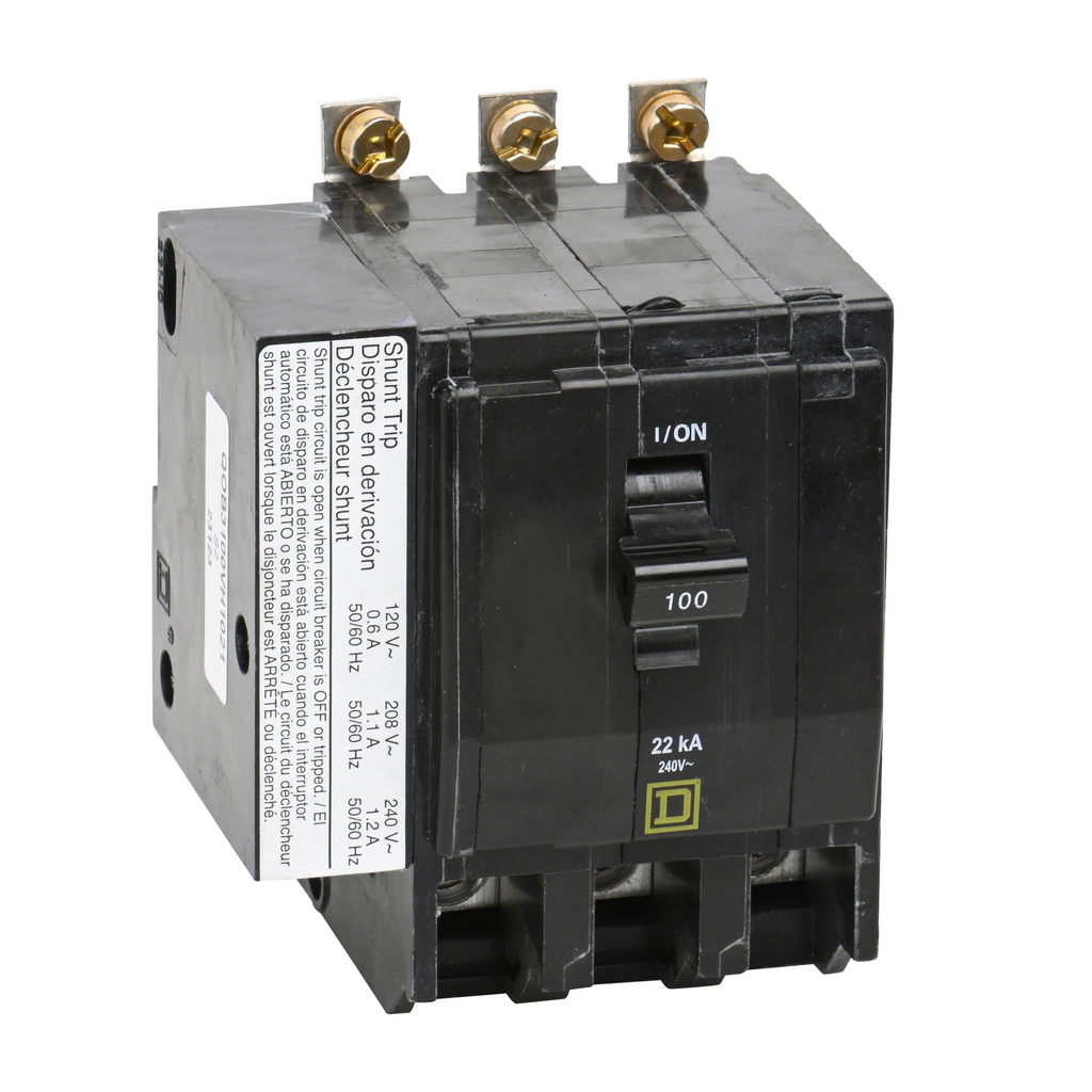 QOB3100VH1021 – Mini circuit breaker, QO, 100A, 3 pole, 120/240VAC, 22kA, bolt on, AC shunt
