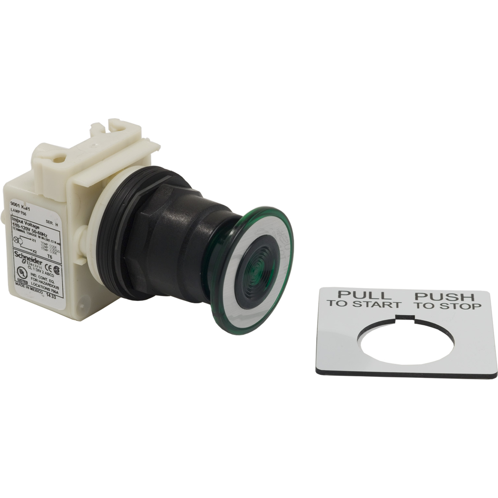 Mayer-DDS-Illuminated push-button head, Harmony 9001SK, plastic, mushroom 41mm, green, 30mm, 3 positions, return to center, 110-120V-1