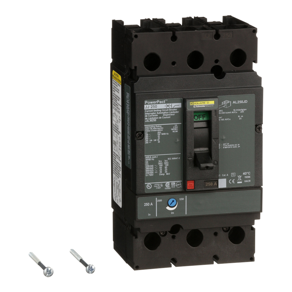 JJL36250 – Circuit breaker, PowerPacT J, 250A, 3 pole, 600VAC, 25kA, lugs, thermal magnetic, 80%