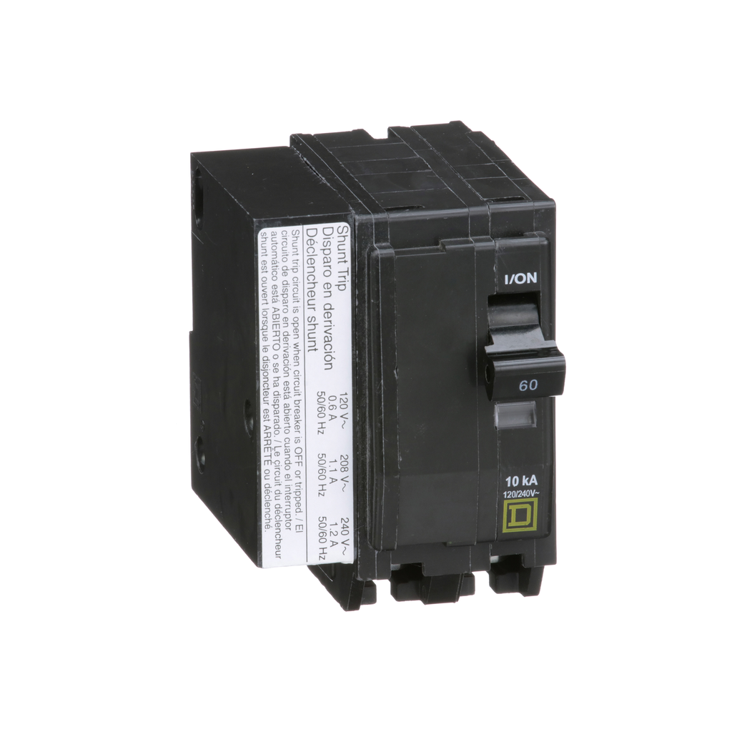 QO2601021 – Mini circuit breaker, QO, 60A, 2 pole, 120/240VAC, 10kA, plug in, AC shunt