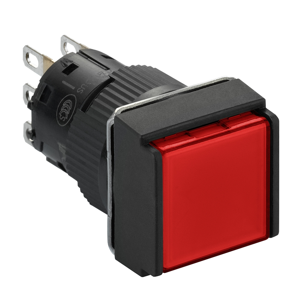 Mayer-DDS-Illuminated monolithic push button, Harmony XB6E, square red flush, 16mm, spring return, 24V DC, 1CO-1
