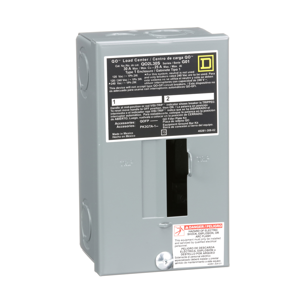 QO2L30S – Load center, QO, 1 phase, 2 spaces, 2 circuits, 30A fixed main lugs, NEMA1, surface cover