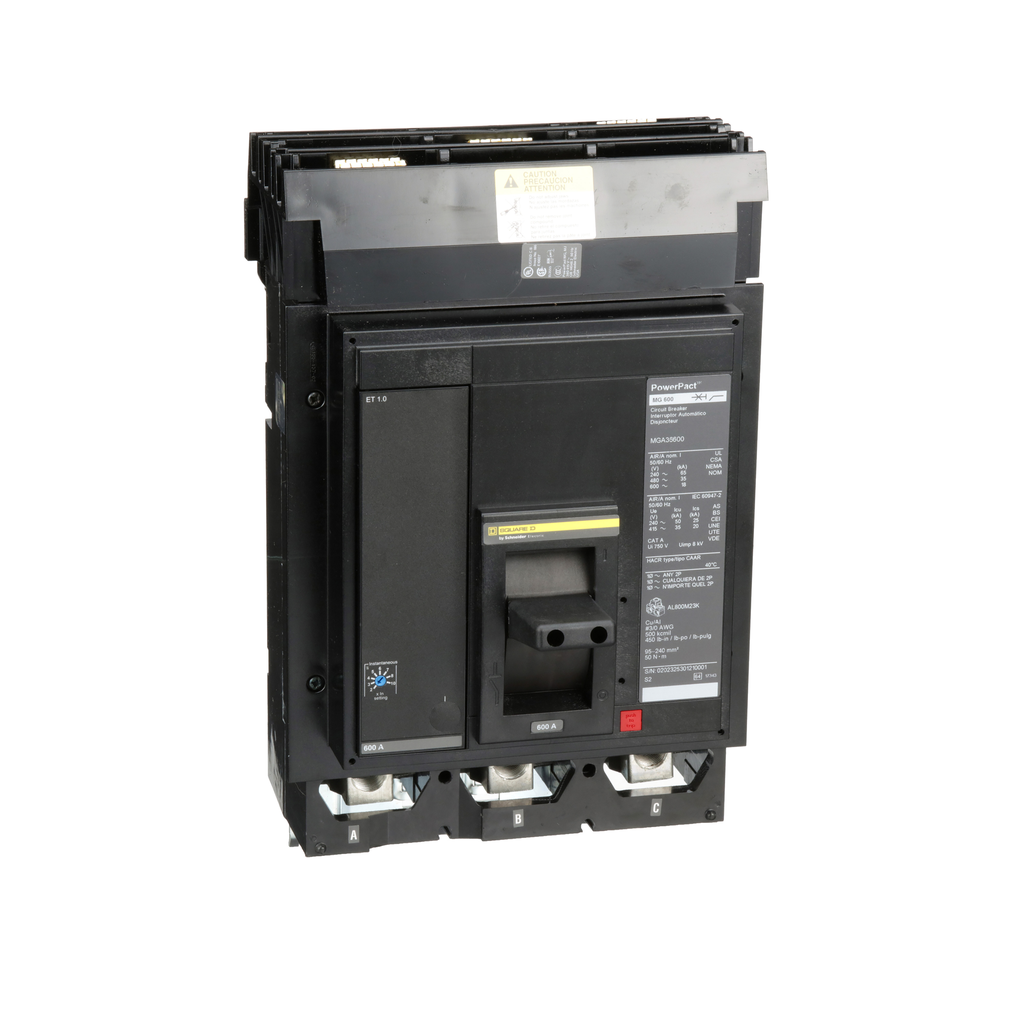 MGA36600 – Circuit breaker, PowerPacT M, 600A, 3 pole, 600VAC, 18kA, I-Line, ET 1.0, 80%, ABC