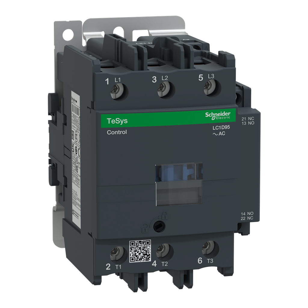 LC1D95N7 – IEC contactor, TeSys Deca, nonreversing, 95A, 60HP at 480VAC, 3 phase, 3 pole, 3 NO, 415VAC 50/60Hz coil, open style