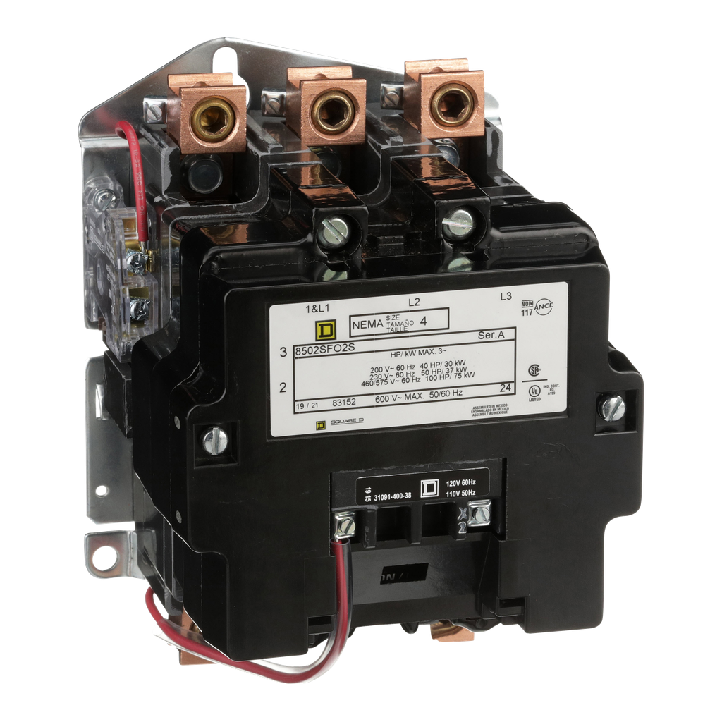 8502SFO2V02S – NEMA Contactor, Type S, nonreversing, Size 4, 135A, 100 HP at 575 VAC, 3 phase, up to 100 kA, 3 pole, 120 VAC coil, open