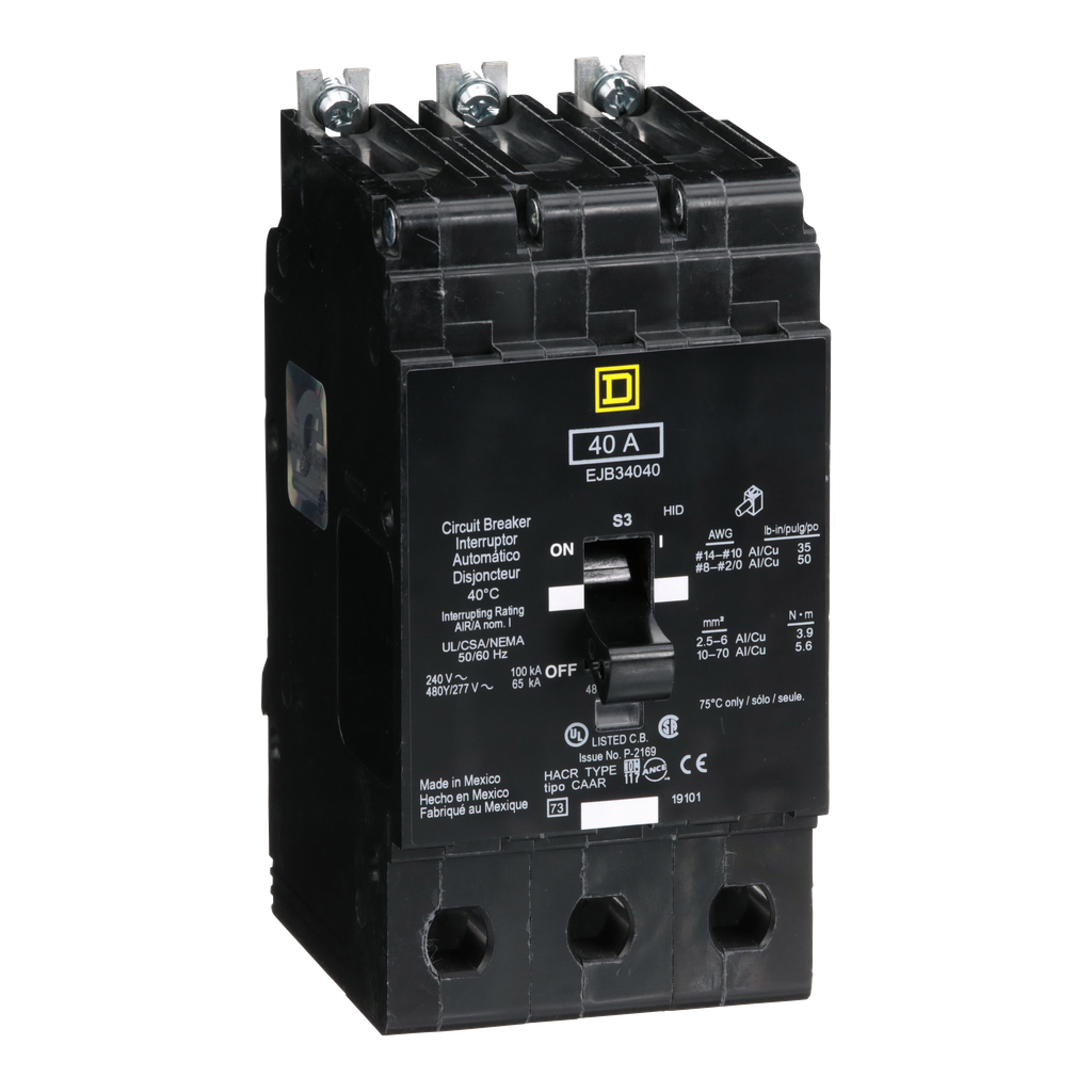 EJB34040 – Mini circuit breaker, E-Frame, 40A, 3 pole, 480Y/277VAC, 100kA max, bolt on