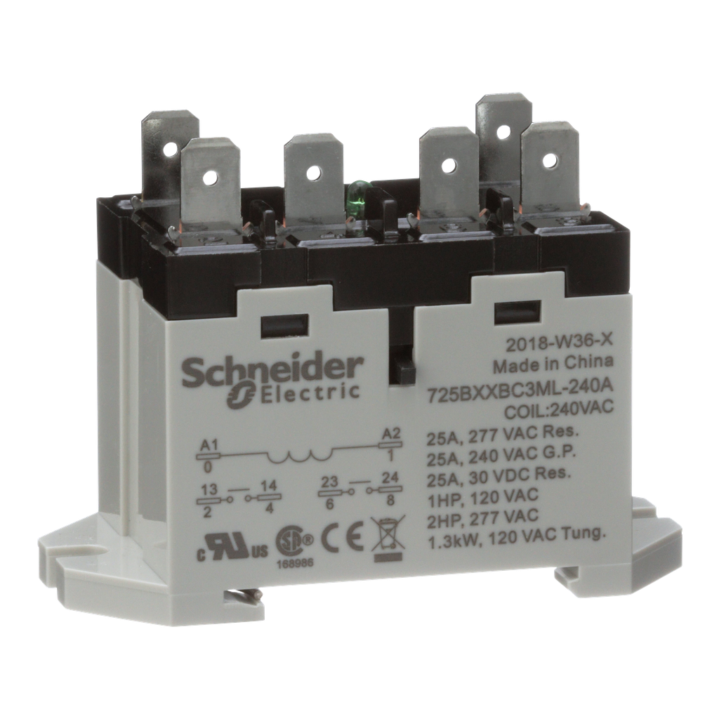 725BXXBC3ML-240A – Power relay, SE Relays, 25A, 2NO, 240VAC, LED push button, blade terminals, DIN or panel mount