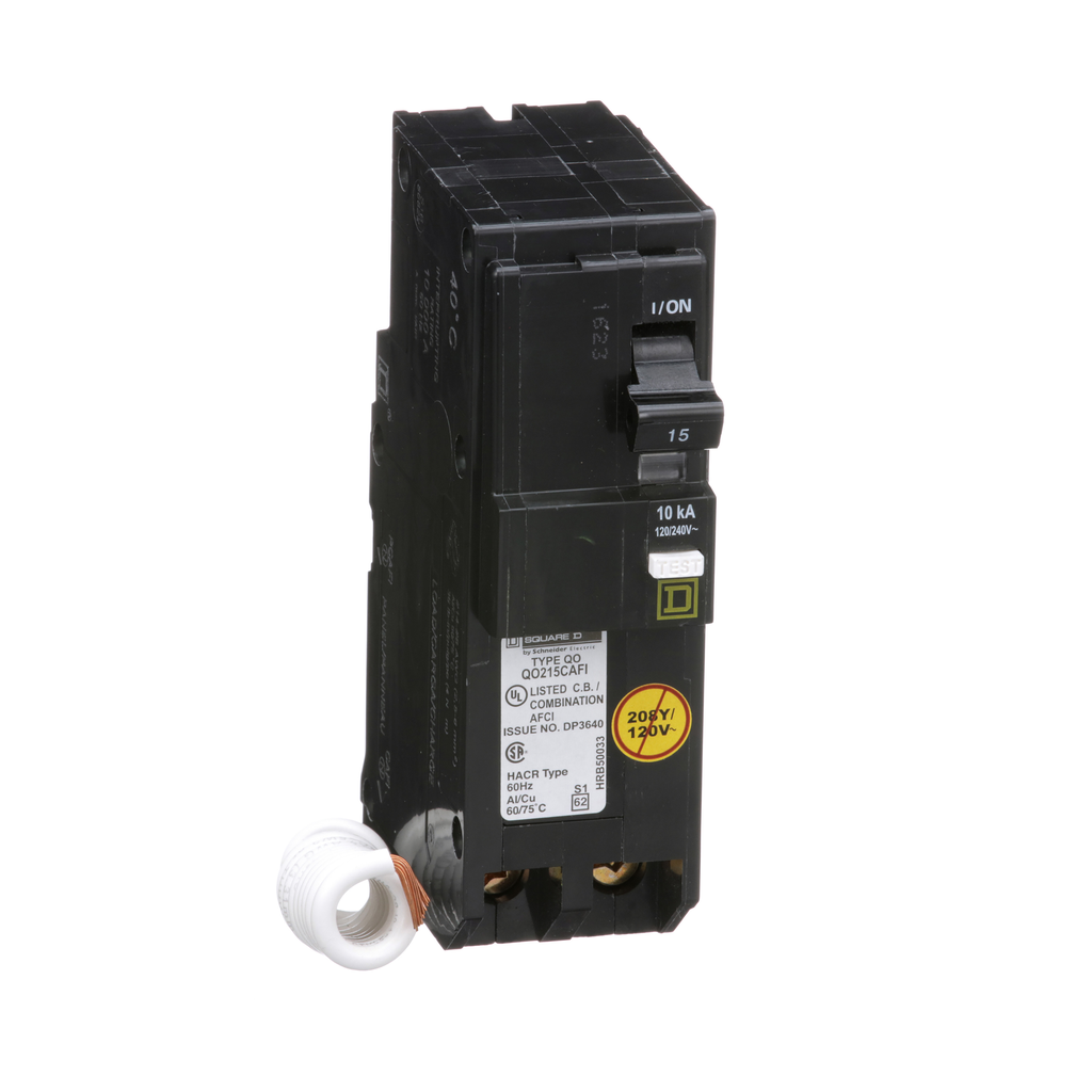 QO215CAFI – Mini circuit breaker, QO, 15A, 2 pole, 120/240VAC, 10kA, plug in, combo ARC fault, pigtail
