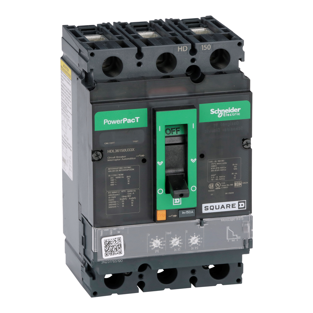 HDL36150U33X – Circuit breaker, PowerPacT H, 150A, 3 pole, 600VAC, 14kA, lugs, Micrologic 3.2S, 80%
