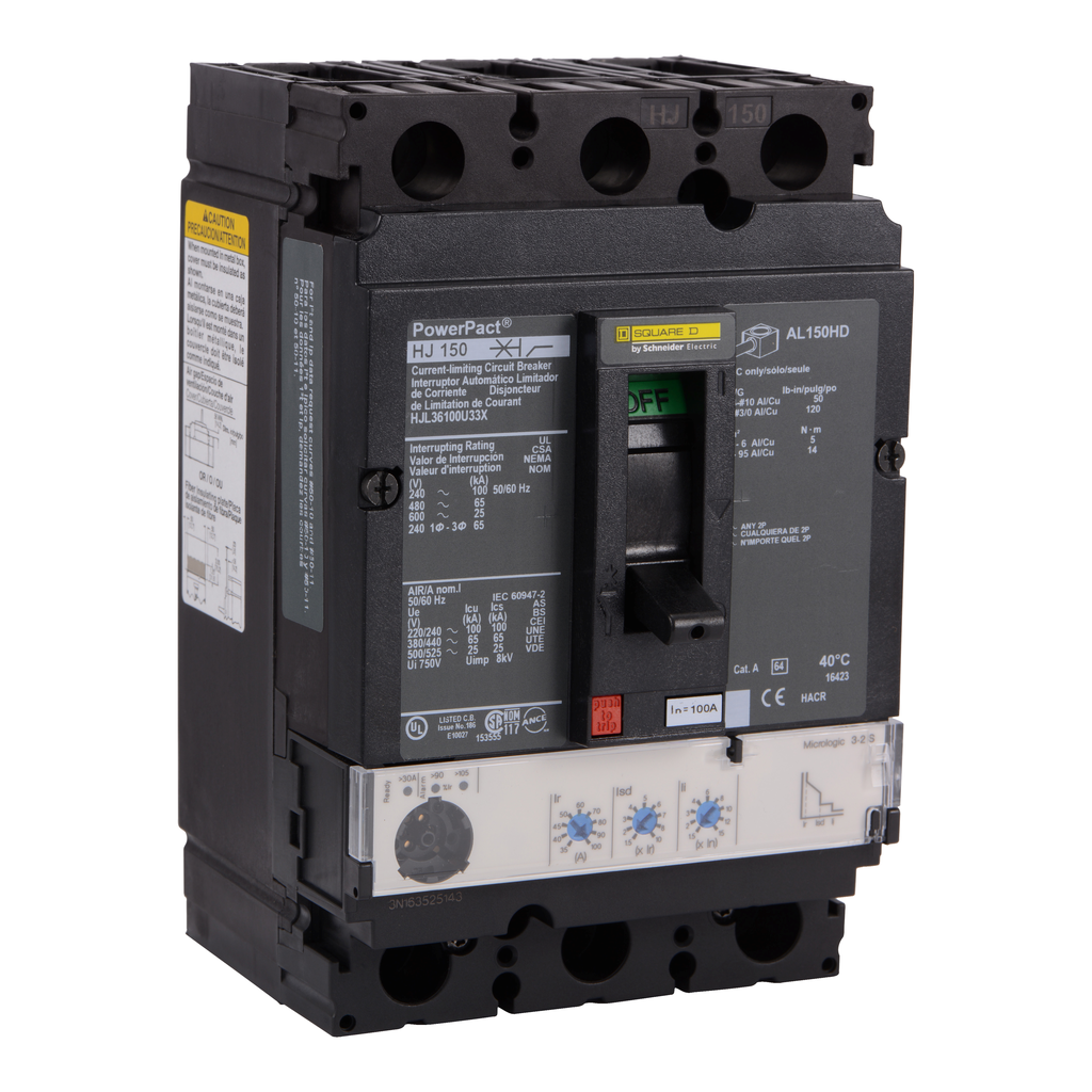 HJL36100U33X – Circuit breaker, PowerPacT H, 100A, 3 pole, 600VAC, 25kA, lugs, Micrologic 3.2S, 80%