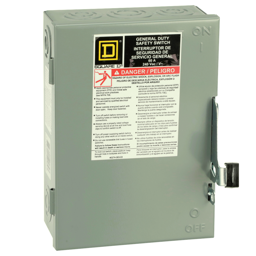 DU322 – Safety switch, general duty, non fusible, 60A, 3 pole, 15hp, 240VAC, NEMA 1