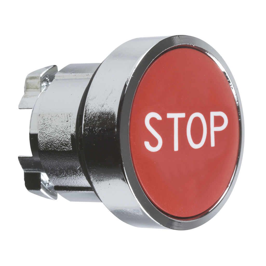 ZB4BA434 – Head for non illuminated push button, Harmony XB4, metal, flush, red, 22mm, spring return, marked STOP