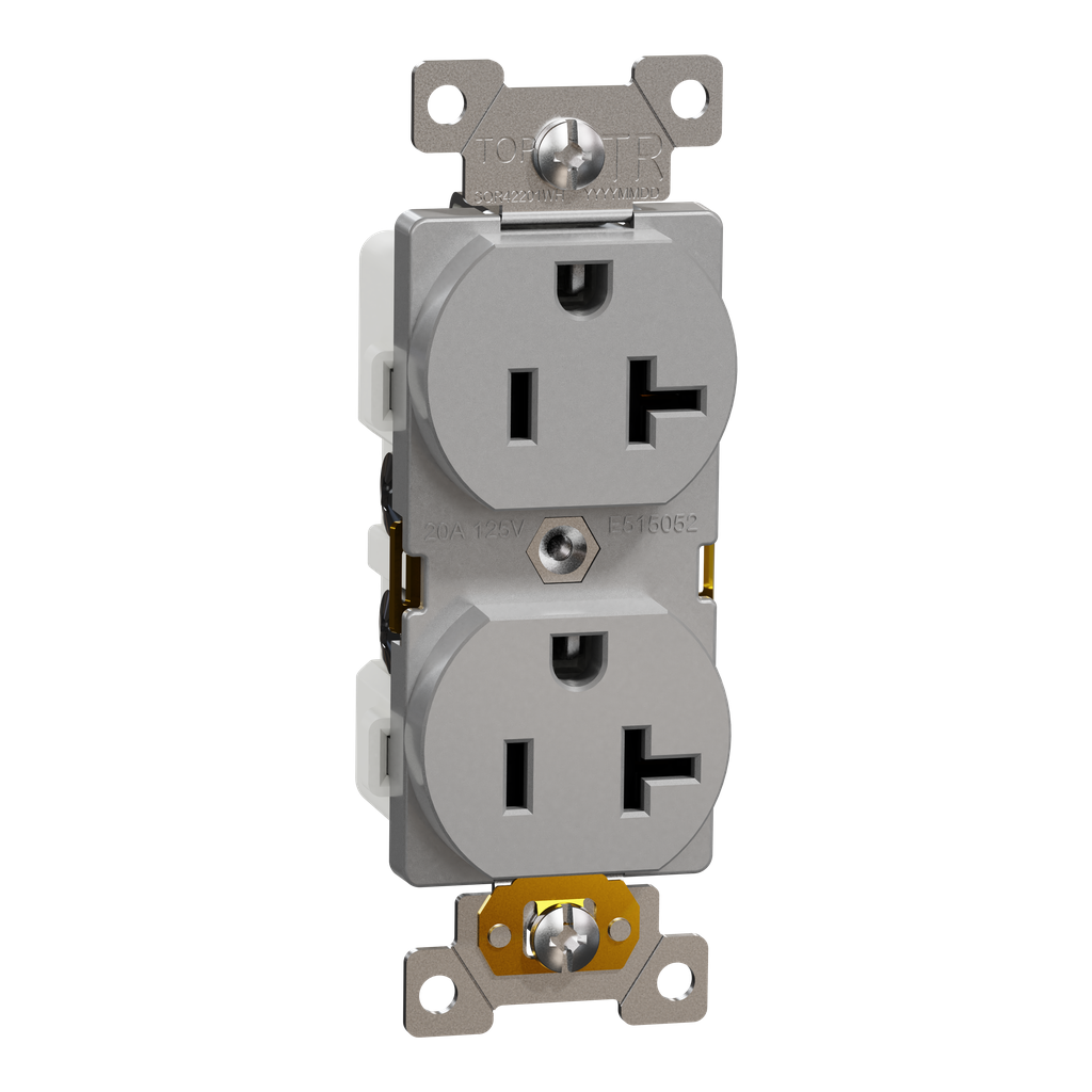 SQR42201GY – Socket-outlet, X Series, 20A, standard, duplex, tamper resistant, commercial, gray, matte finish