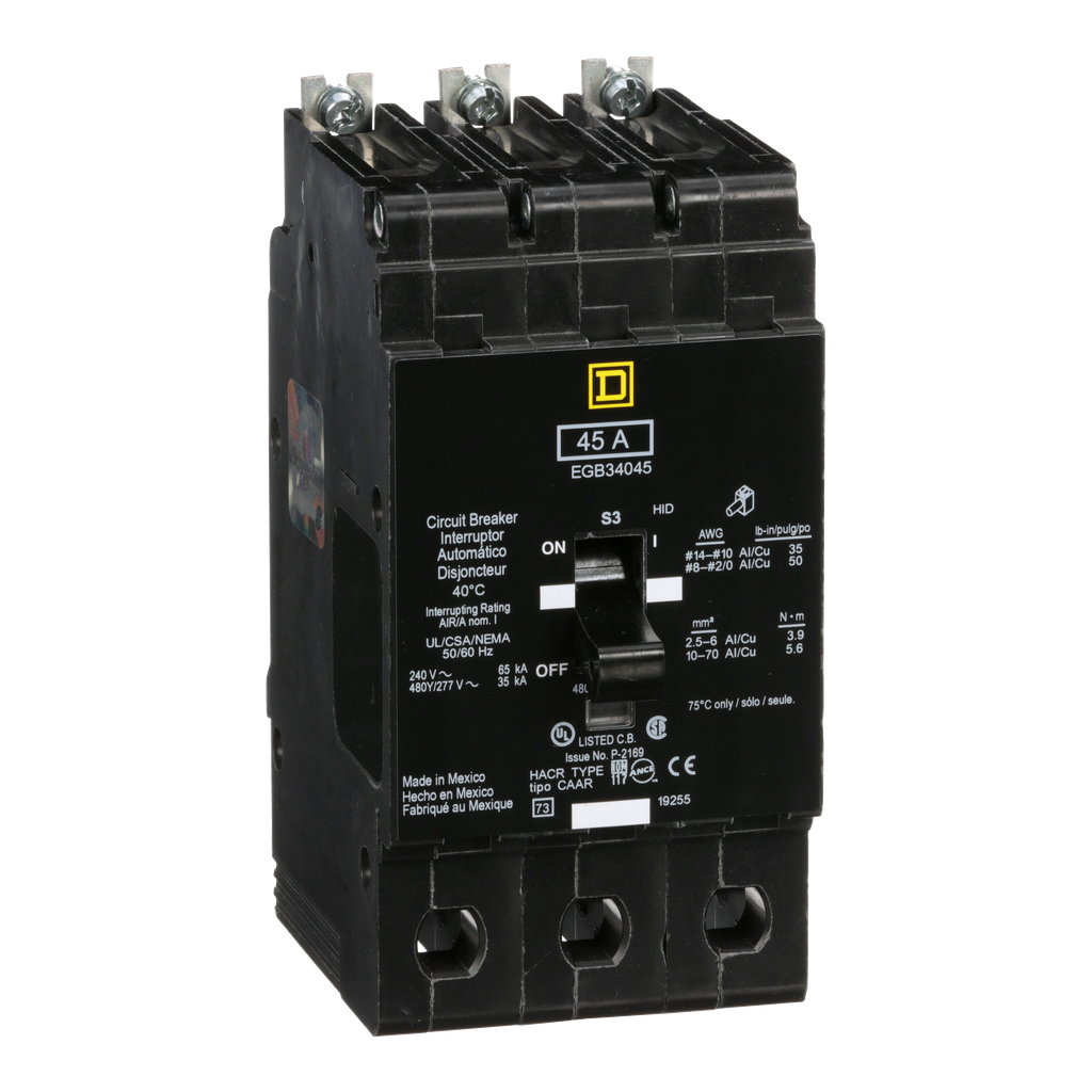 EGB34045 – Mini circuit breaker, E-Frame, 45A, 3 pole, 480Y/277VAC, 65kA max, bolt on